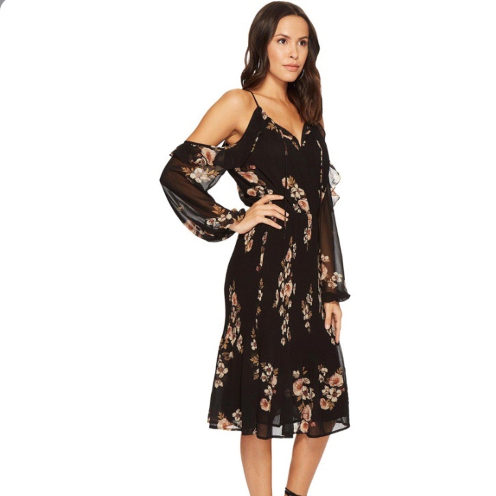 ASTR Floral Cold Shoulder Midi Dress Black XS